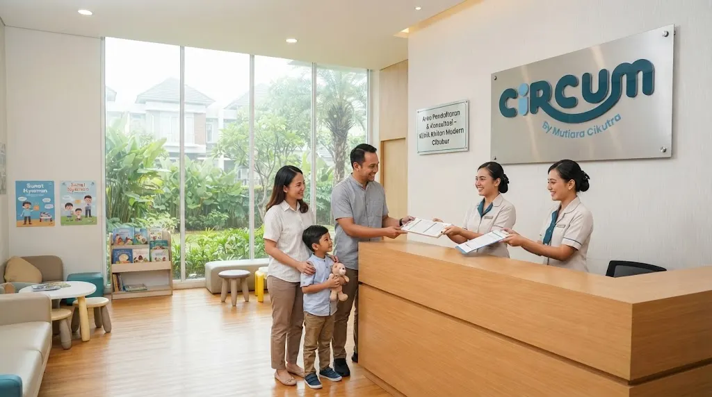 Area pendaftaran klinik sunat anak modern yang bersih dan ramah di Cibubur