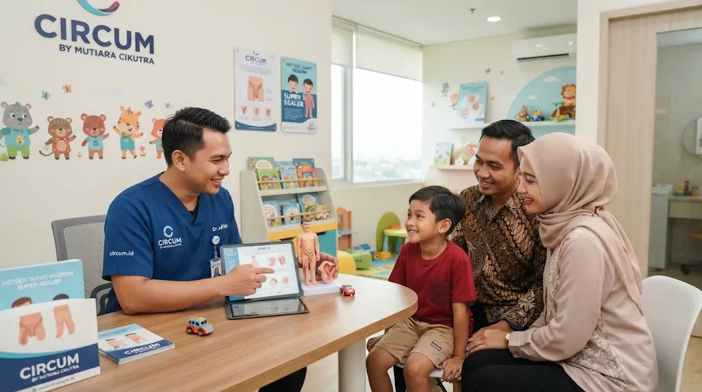 Dokter khitan profesional sedang menjelaskan prosedur sunat