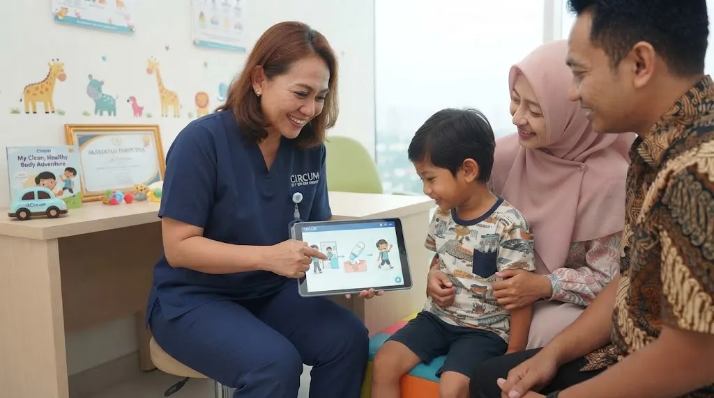 Dokter ramah memberikan penjelasan edukatif interaktif kepada anak