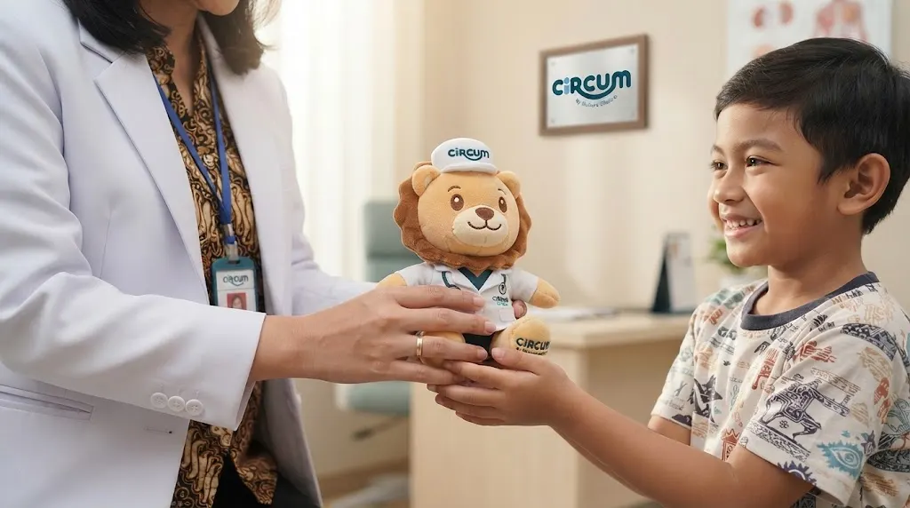 Dokter ramah memberikan cenderamata boneka