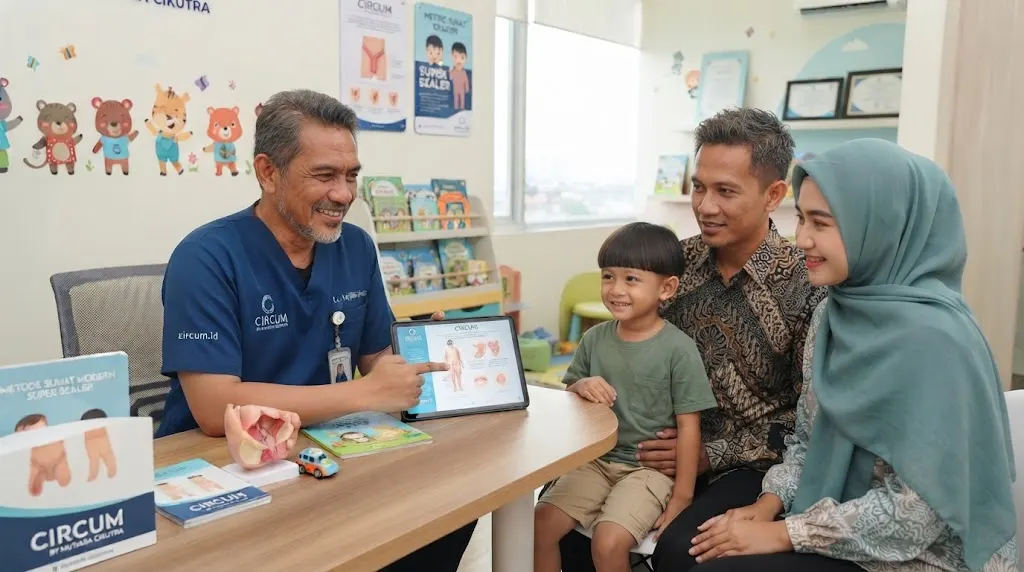 Dokter sunat profesional sedang menjelaskan prosedur sunat kepada orang tua dan anak di klinik modern