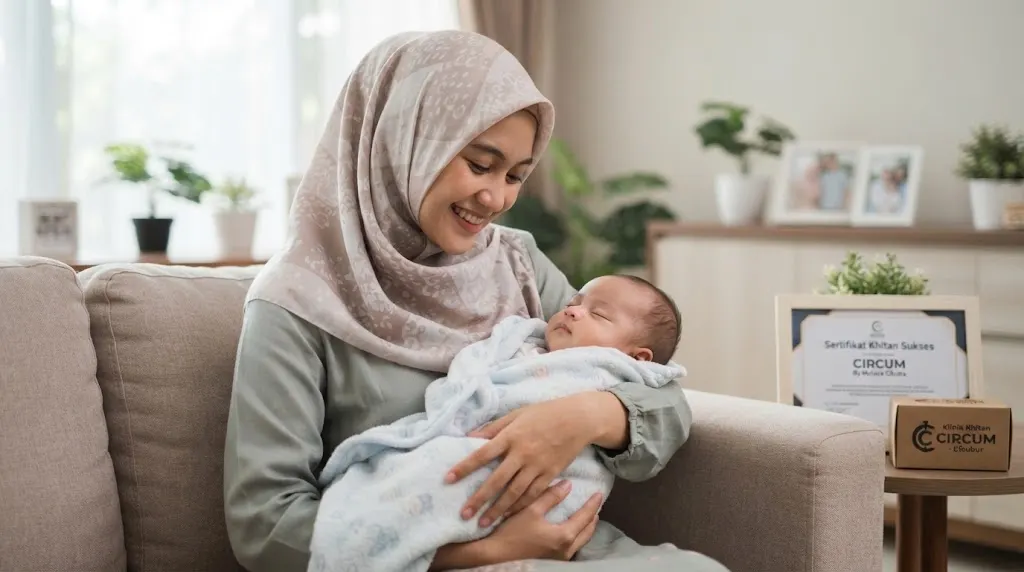 Ibu menggendong bayi dengan nyaman setelah sukses 