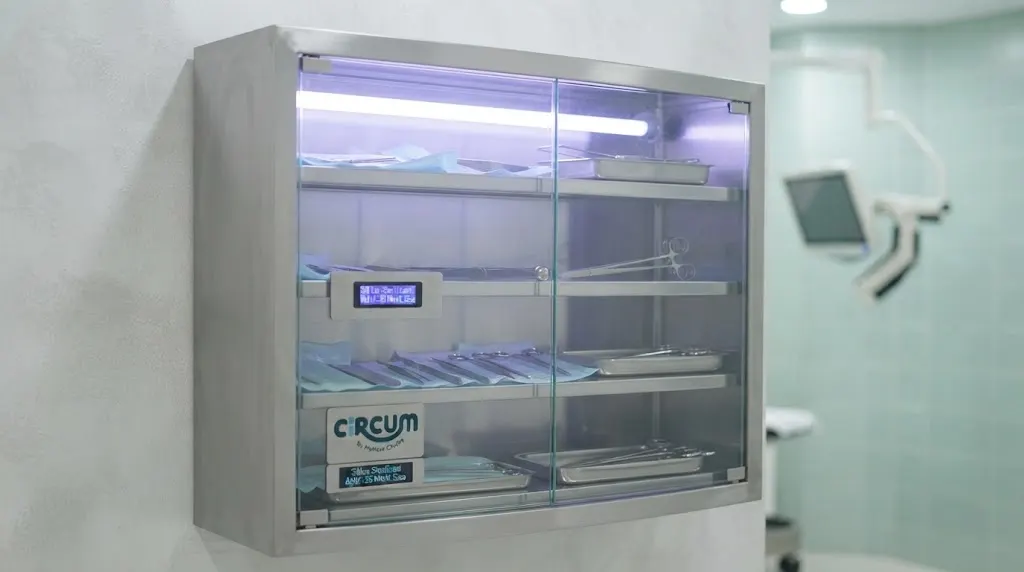 Lemari sterilisasi medis UV modern yang transparan dan higienis di klinik khitan Cibubur