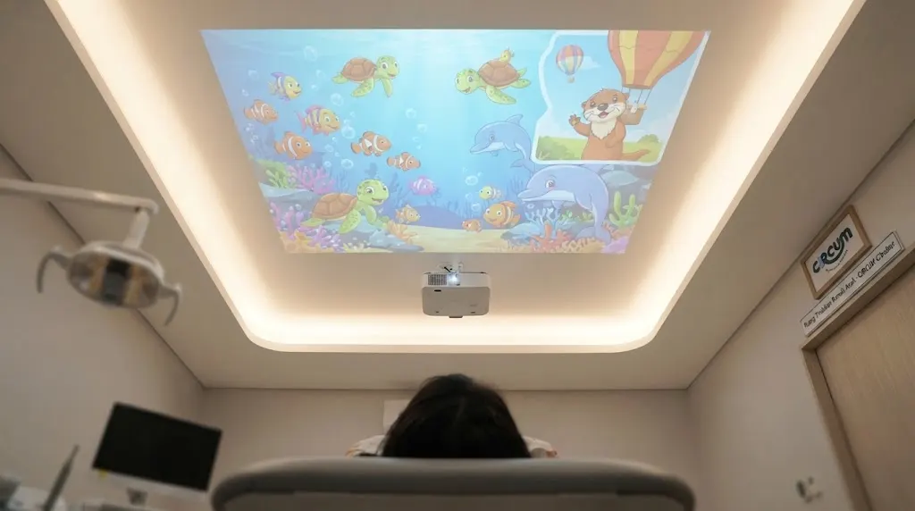 Proyektor animasi interaktif di langit-langit ruang tindakan untuk mendistraksi anak selama proses khitan