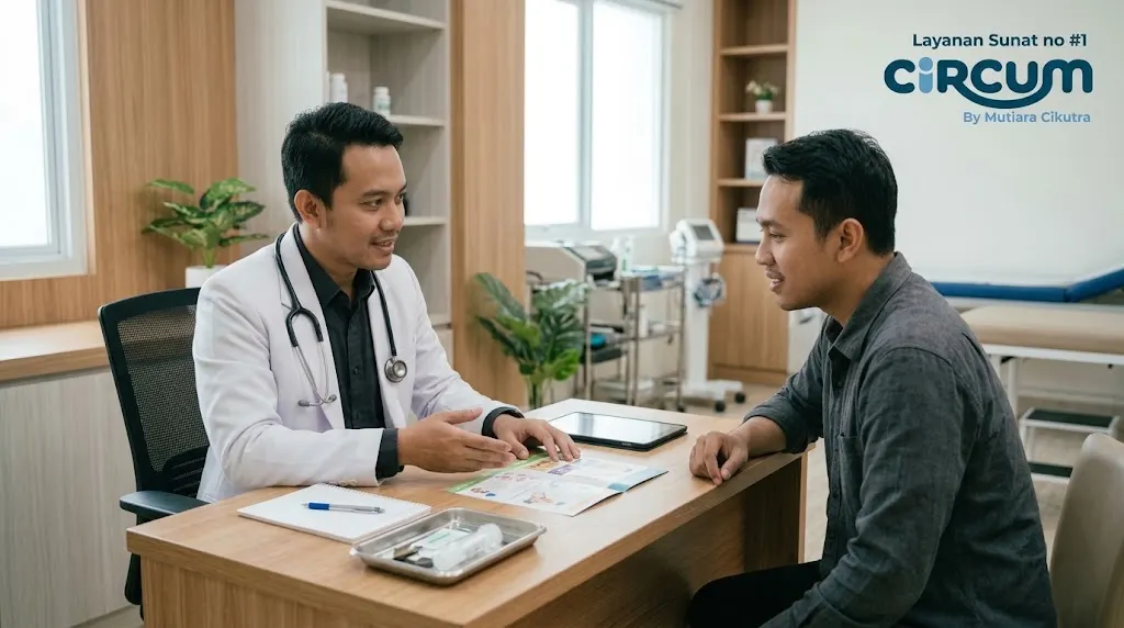 Pasien dewasa menanyakan biaya sunat dewasa cibubur kepada tenaga medis