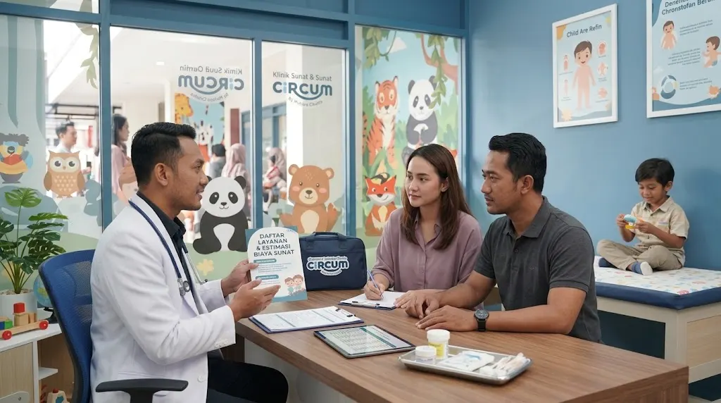 Orang tua berkonsultasi mengenai harga sunat cibubur di klinik